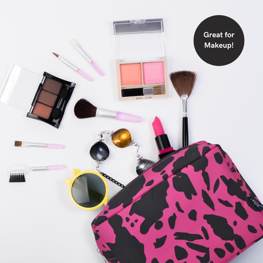 NGIL NGIL Makeup Bag for Women, Cute Cosmetic Bag, Lightweight Toiletry Make up Bag, Large Aesthetic Organizer Storage Pouch for Girls, Large Pouch, Toiletry Pouch (Hot Pink Cow- Hot Pink)