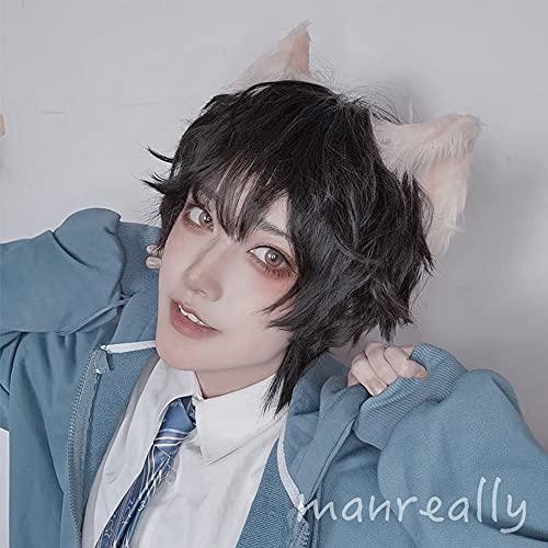 Lmaray 12.6 Inch Natural Black Wig Japanese Style Harajuku Male Short Wigs Boys Curly Hair Fluffy Wig Cosplay Wigs Brother Handsome Guy Wig, Heat Resistant Synthetic Fiber, Wig Cap Included, No Headwears