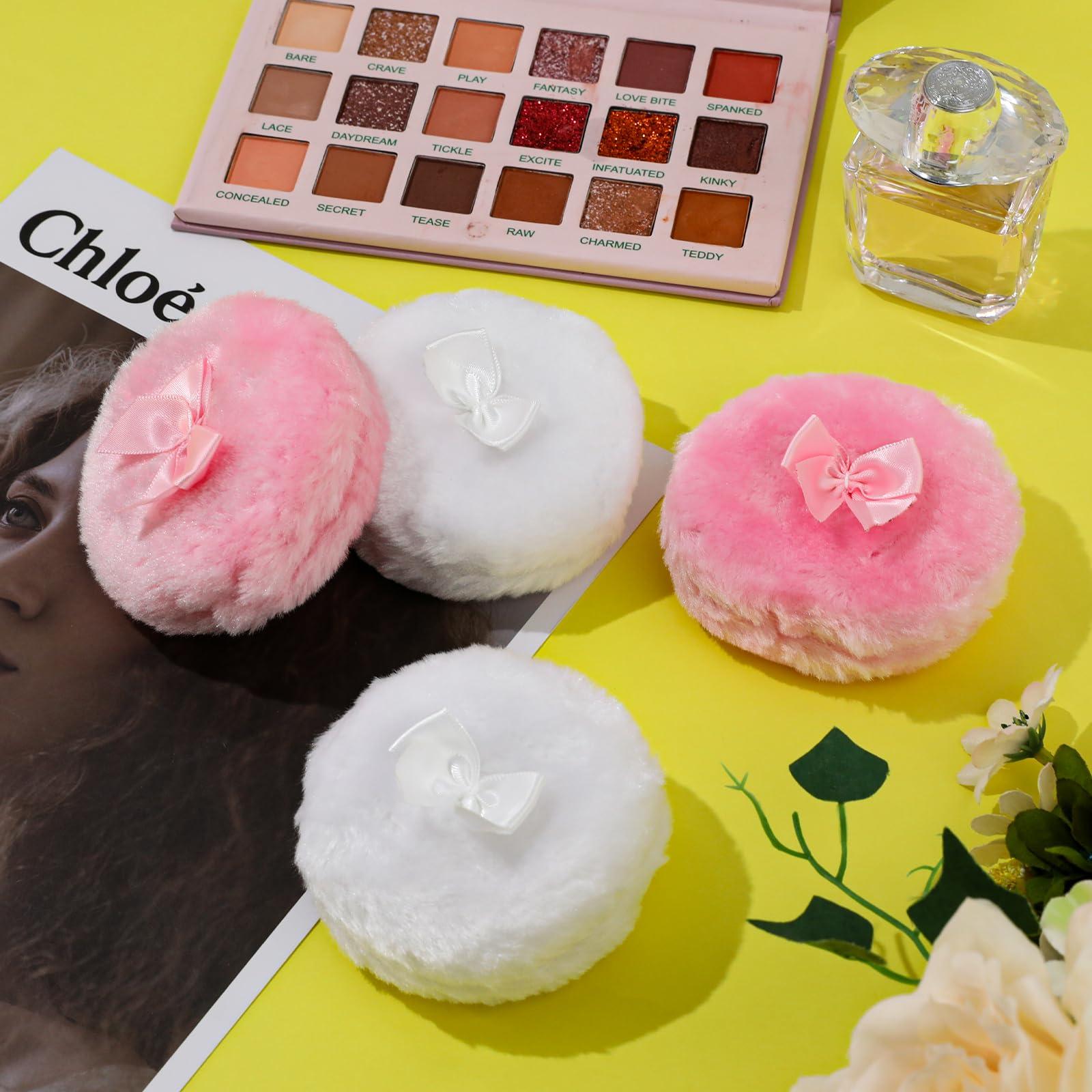 KALIONE 4Pcs Large Fluffy Powder Puff, White Powder Puff, Powder Puffs for Face powder, Ultra Soft Body Powder Puff, Soft Face Body Powder Puff, Washable Reusable Makeup Puffs(White/Pink)