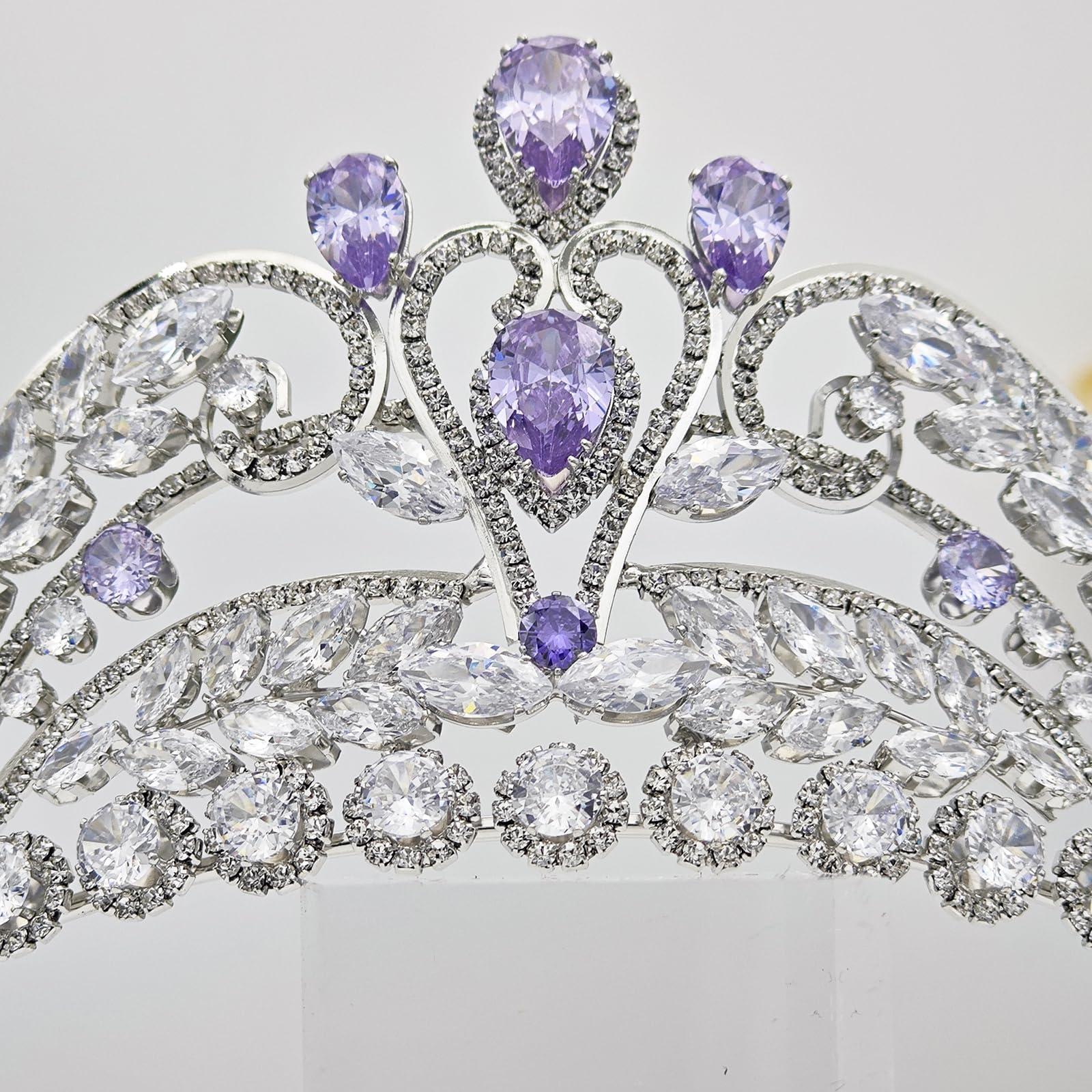 QXMYOO Light Purple Quinceanera Crowns and tiaras lavender Sweet 16 Birthday Crowns for Girls Cubic Zirconia CZ Wedding Headpiece Silver Hair Accessories