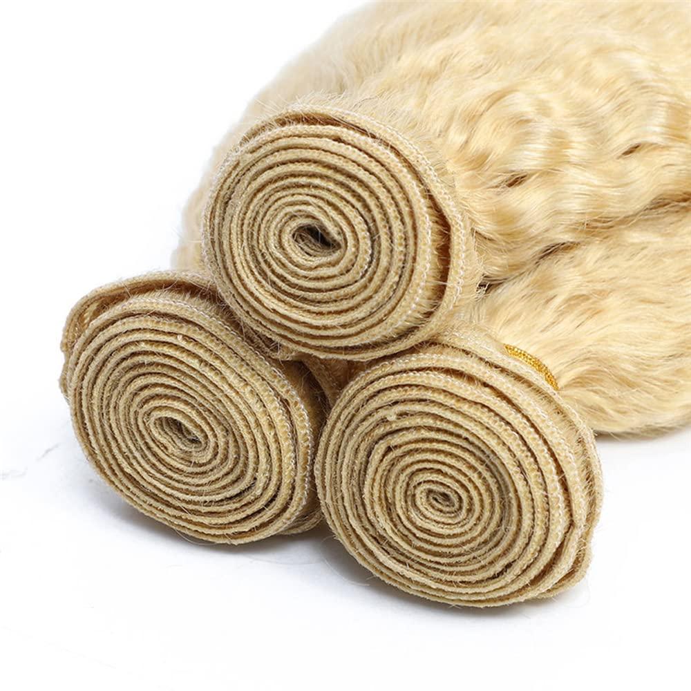 AuokMar 613 Bundles Human Hair Blonde Kinky Curly Human Hair Bundles Brazilian Virgin Human Hair 3 Bundles 14 14 14 Inch 613 Curly Bundles Double Weft Hair Extensions for Women No Tangle