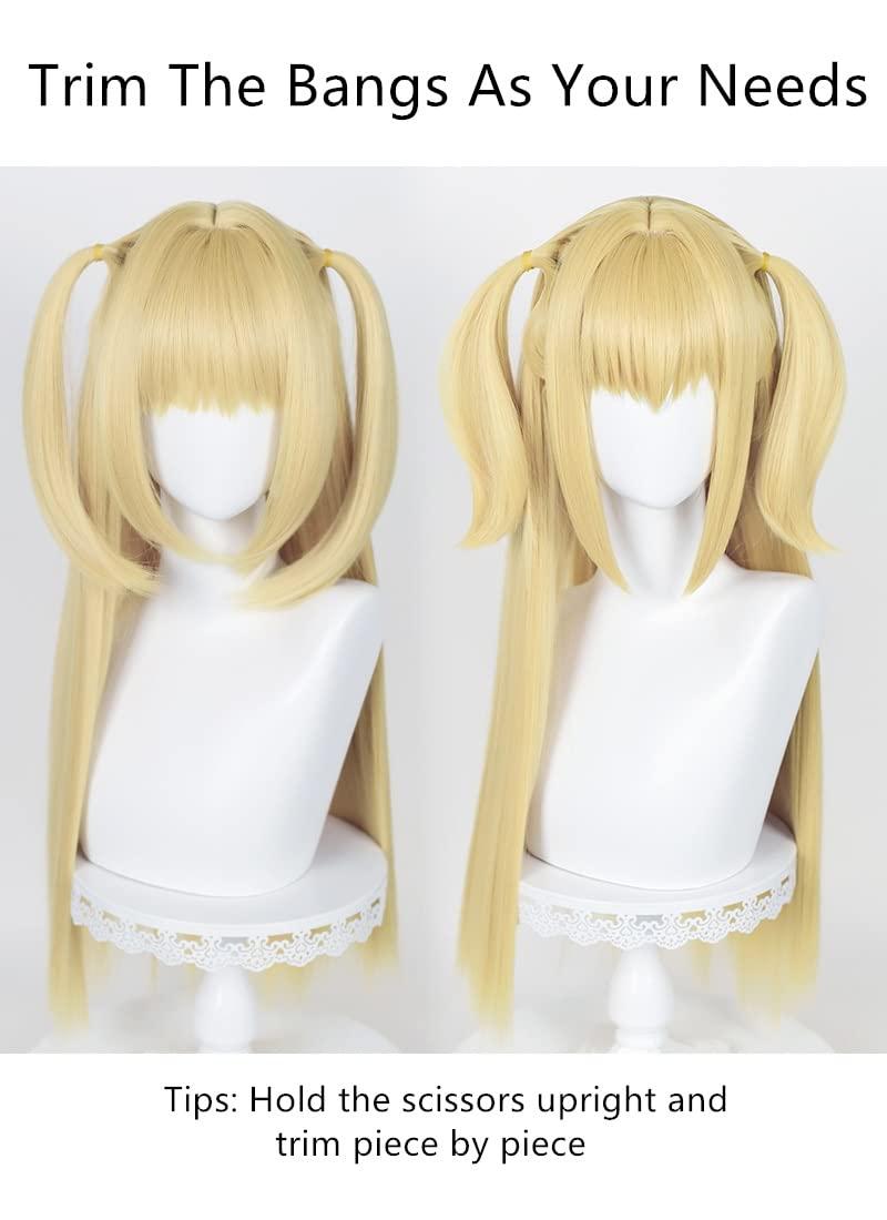 Wiggy Mermaid Long Blonde Wig for Misa Amane Cosplay, Long Straight Yellow Cute Kawaii Wig with Bangs + Cap for Halloween Costume