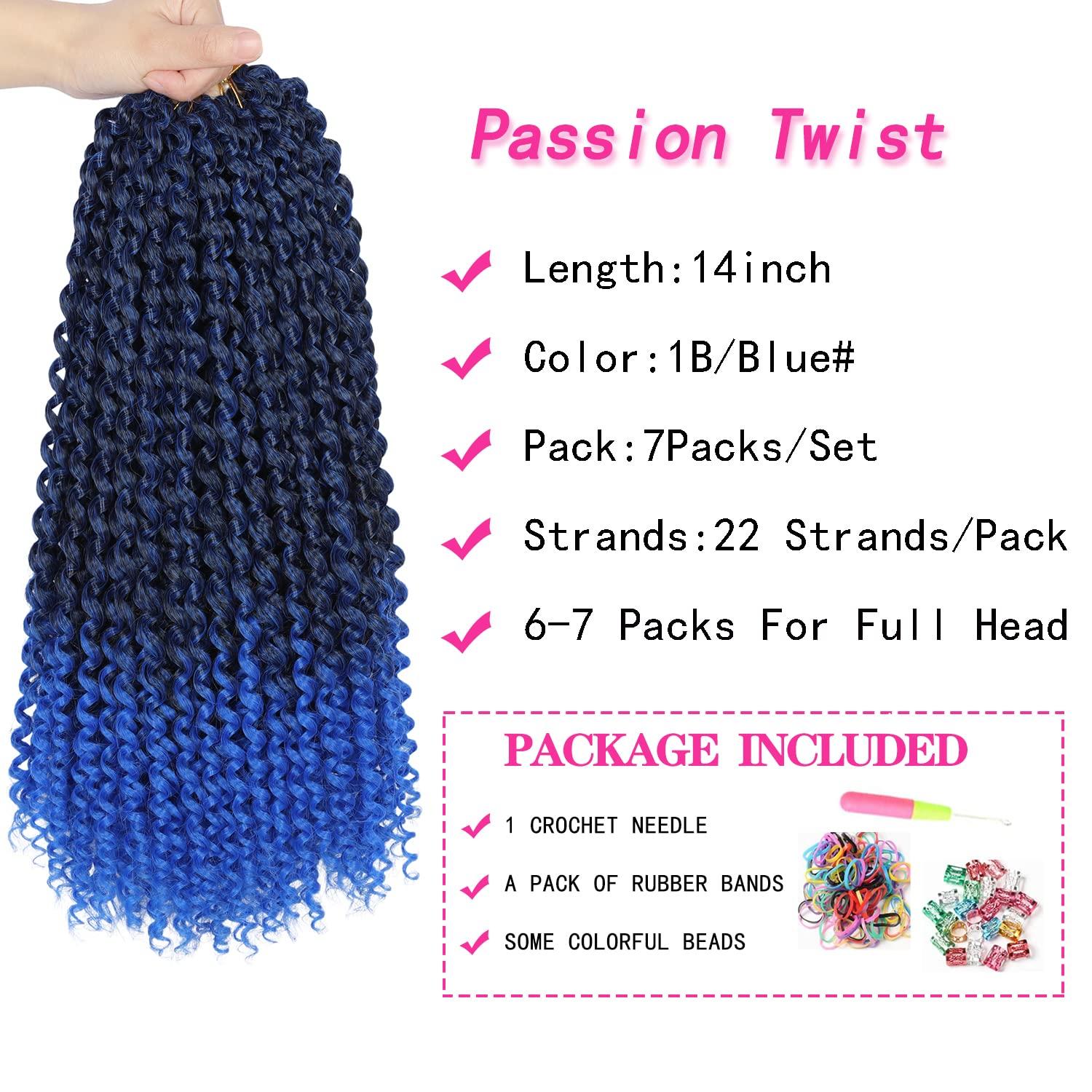 Ubeleco 14 Inch Ombre Blue Passion Twist Hair, Water Wave Crochet Hair For Women Passion Twist Crochet Hair 22 Strands/Pack Bohemian Synthetic Curly Braiding Hair Extensions (14 Inch (Pack of 7),1B/Blue)