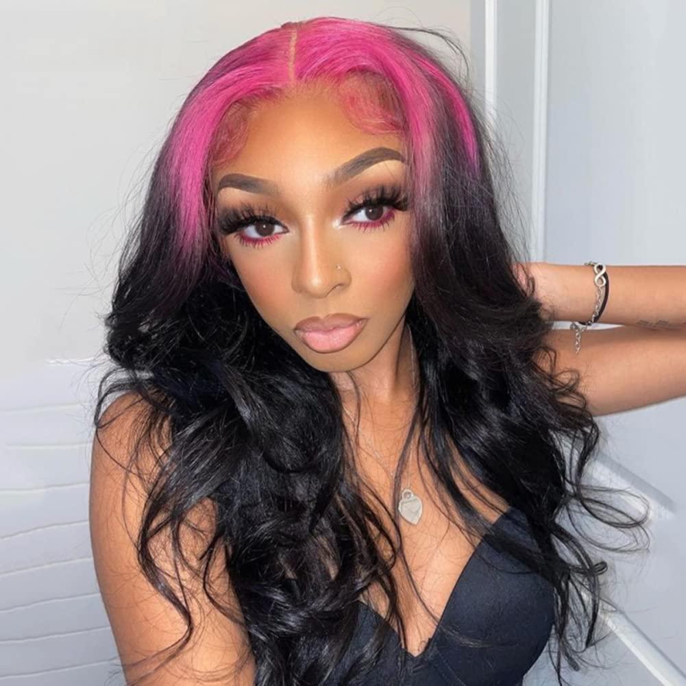Anlimer Ombre Pink Black Lace Frontal Human Hair Wigs Pre Plucked 13x4 Lace Front Wig Human Hair Glueless Remy Body Wave Lace Wig 150 Density 20 Inch