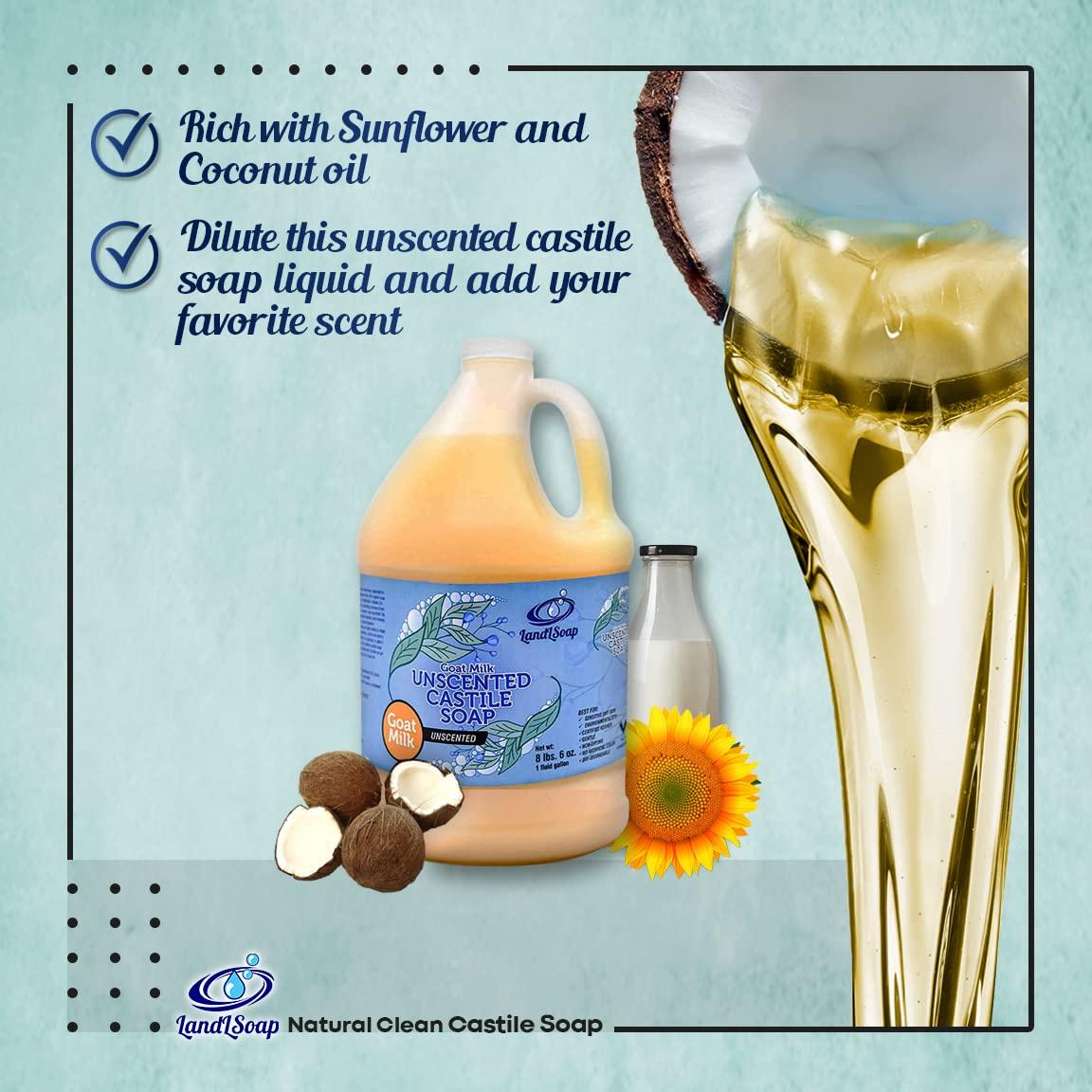 LandLSoap LandLSoap Goat Milk Unscented Pure Castile Soap Liquid for Face, Hand & Body Wash-Hand Made Soap, Vegan, Made in USA, Dry & Sensitive Skin (Half Gallon)