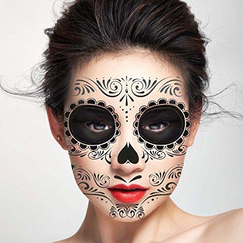 COKOHAPPY COKOHAPPY Halloween Temporary Face Tattoos Makeup Kit (13 Pack), Day of the Dead Sugar Skull Floral Black Skeleton Web Red Roses Full Face Mask Stickers Tattoo Families Party Supplies