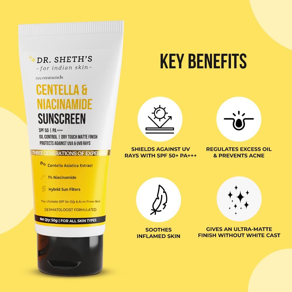 Dr. Sheth\'s Dr. Sheths Centella & Niacinamide Oil Control Sunscreen with SPF 50 & PA+++ | Gel Based Formula with Dry Touch Matte Finish | Ideal for Oily & Acne-Prone Skin | 1.76 Oz/50 g