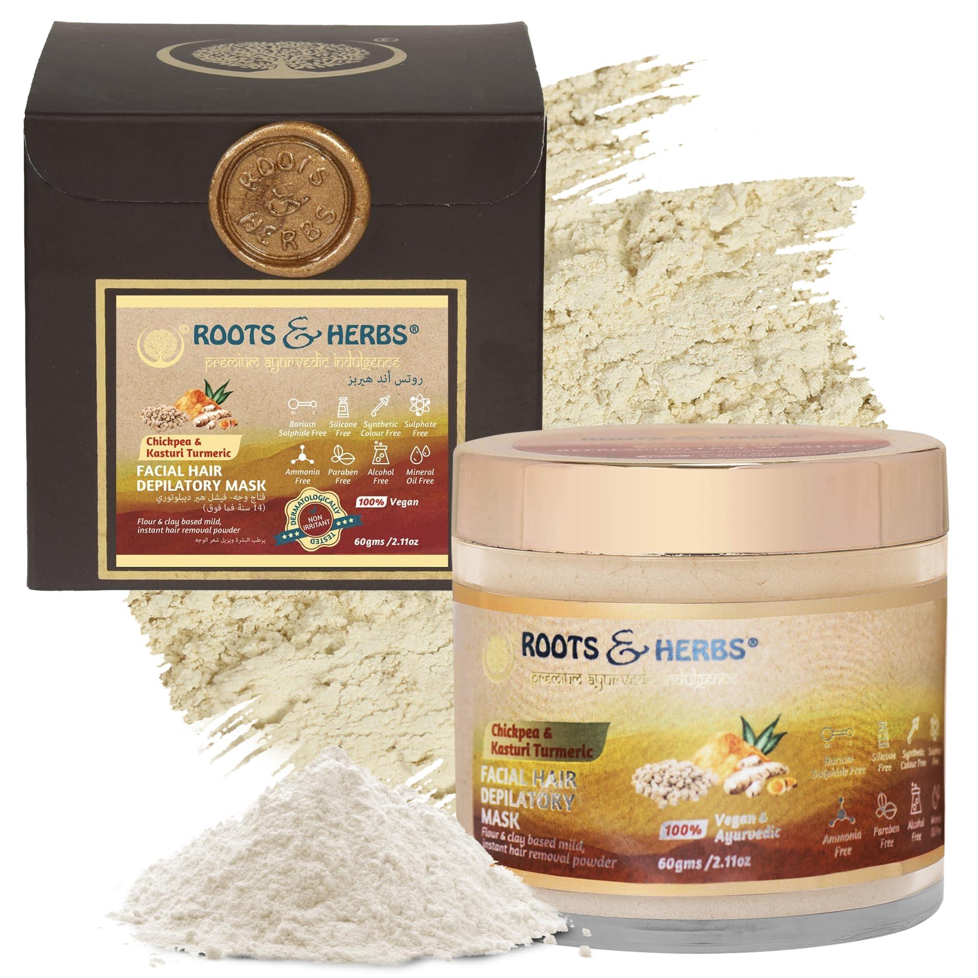 ROOTS AND HERBS Chickpea & Kasturi Turmeric Facial Hair Removal Powder - For Men & Women, Chin, Jawline & Upper Lips - Depilatory Mask with Ayurvedic Herbs - Roots & Herbs, 2.11oz
