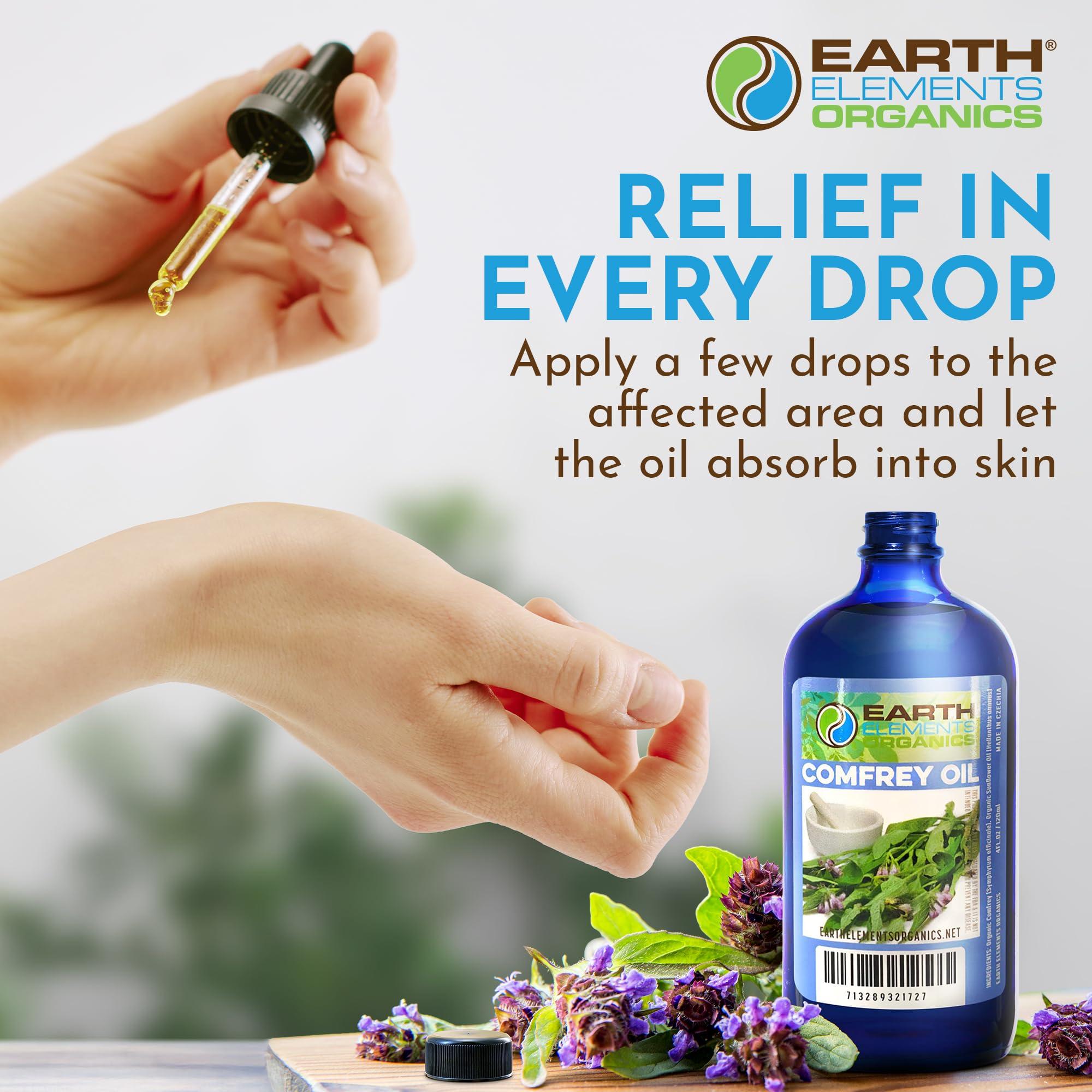 Earth Elements Organics Organic Comfrey Oil Raw, Infused, Pressed Herbal Oil. Comfrey Leaf, Sunflower Seed Oil 4 fl.oz.