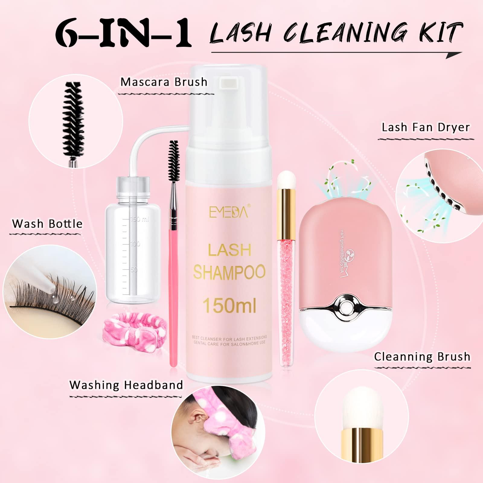 EMEDA EMEDA Lash Shampoo for Lash Extensions Lash Cleaning Kit 150ml with Lash Fan Dryer Lash Extension Cleanser Oil Free Foam Soap Lash Bath with Rinse Bottle, Brush, Hair Band