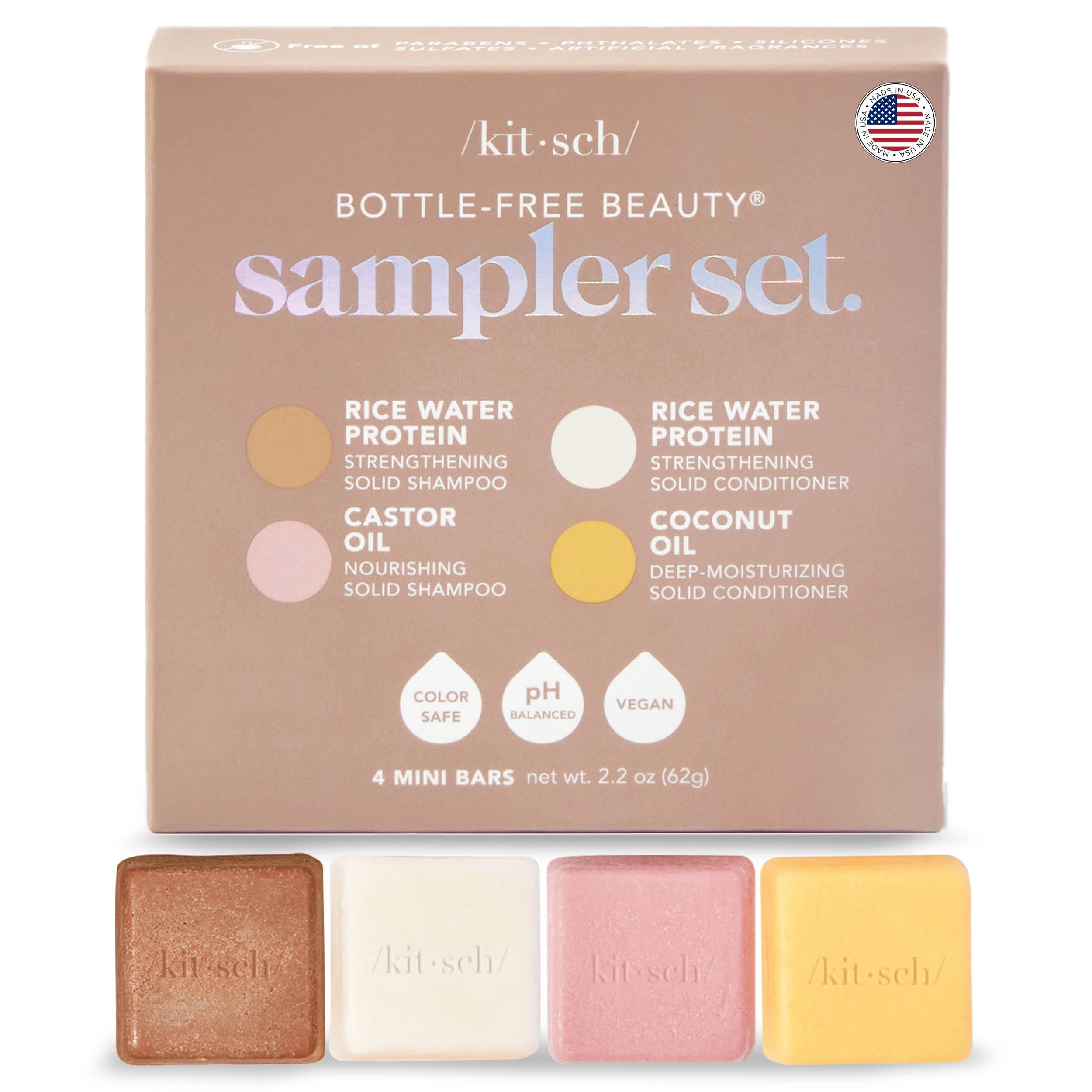 Kitsch Kitsch 4pc Sampler Solid Shampoo and Conditioner Set - Rice Bar & Castor Oil Shampoo and Rice Bar & Coconut Oil Deep-Moisturizing Hair Conditioner, Zero Waste - Valentines Gift
