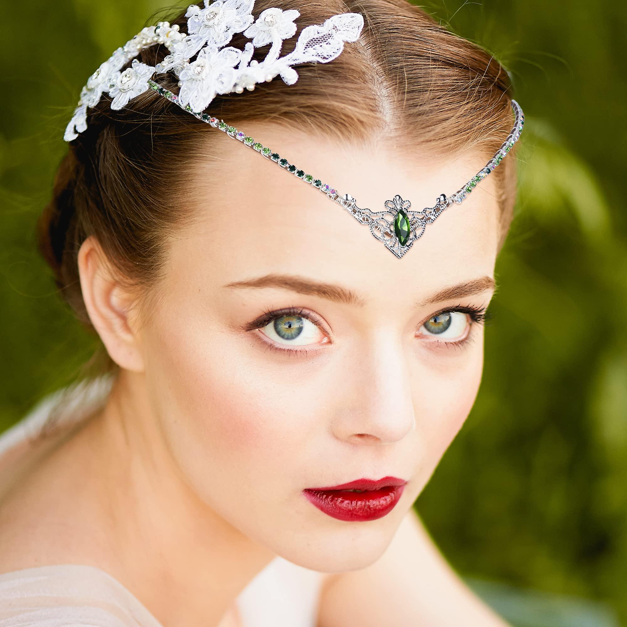 MOSTORY MOSTORY Handmade Green Crystal Tiara for Princess Wedding Rhinestone Fairy Crown Headband for Bridal Shower V-shape Woodland Elf Headpiece for Women Queen Bachelorette Party Medieval Fair Proms
