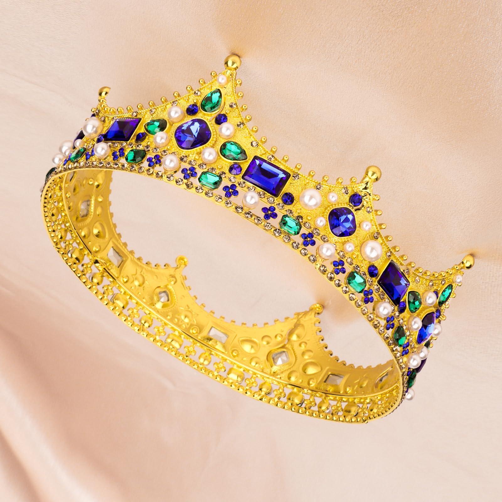 CIEHER King Crown, CIEHER King Crowns for Men Women Crystal Baroque Royal Crown Prom Crown Tiara Evil Crown Luxury Rhinestone Blue & Green Crown for Birthday King Halloween Cosplay Party Birthday Decorations