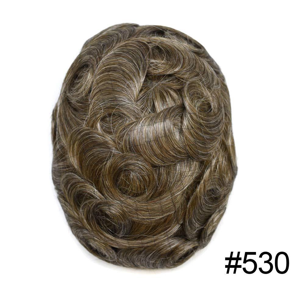 F M FACE MIRACLE NEW YORK Mens Toupee Hairpiece Natural Hairline V-Looped Invisible Ultra Thin Skin Full Poly Pu Human Hair Replacement System Wig FACE MIRACLE (8 * 10, 530 5# MEDIUM LIGHT BROWN WITH 30% SYNTHETIC GREY)