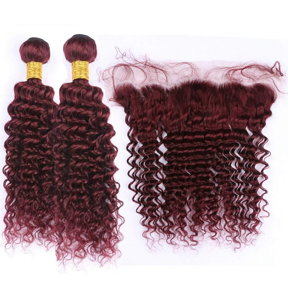 Tony beauty hair Tony Beauty Hair Malaysian Burgundy Red Human Hair Weaves 2 Bundles with Frontal 3Pcs Lot #99J Wine Red Deep Wavy Human Hair Wefts with Lace Frontal Closure 13x4 Ear to Ear (12 14+10)