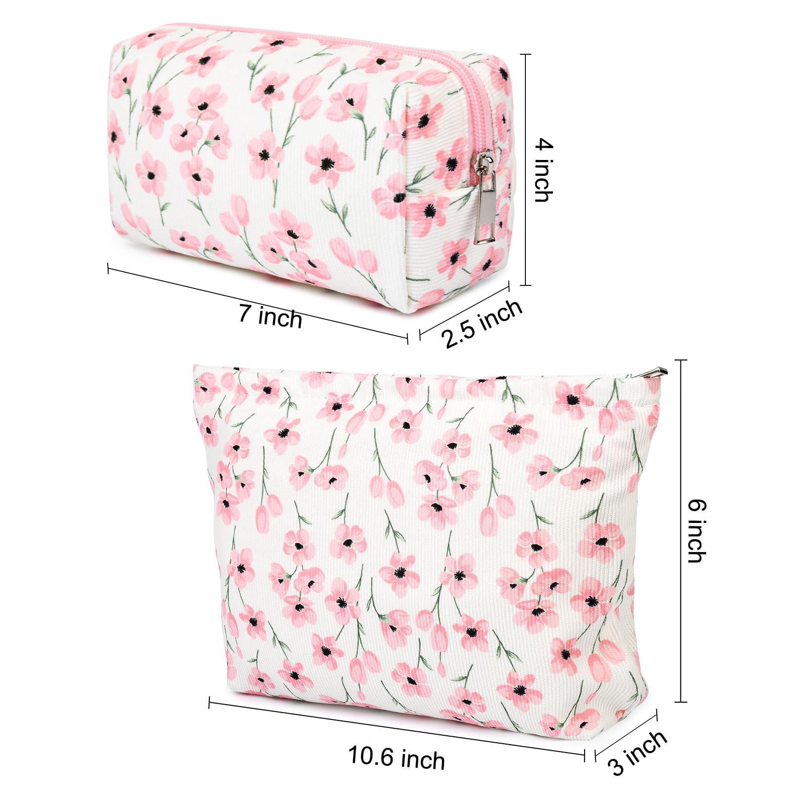 SOIDRAM SOIDRAM 2 Pieces Flower Makeup Bag Large Floral Cosmetic Bag Capacity Canvas Mix Travel Toiletry Bag Organizer Cute Makeup Brushes Aesthetic Accessories Storage Bag for Women, Flower Mix Pink