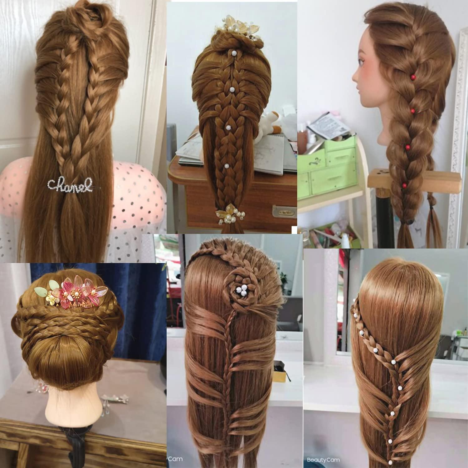 Pykisfp Mannequin Head with 60% Real Hair, Hairdresser Practice Training Head Cosmetology Manikin Doll Head with 9 Tools and Desktop Stand, Air Cushion Comb,Makeup On (Brown)