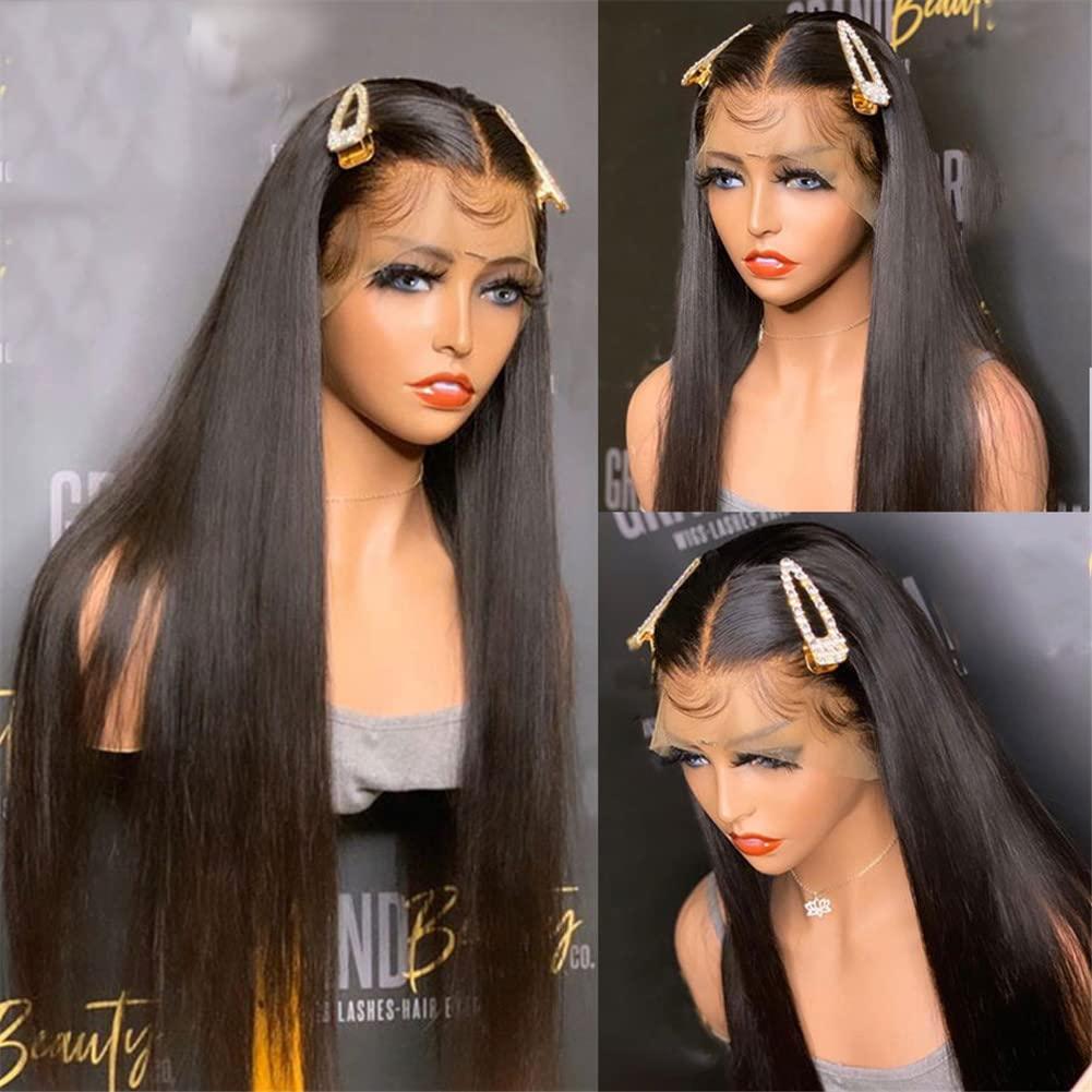 Youllyuu Youllyuu Women Straight Lace Front Wig Pre Plucked Bleached Knots Wigs Brazilian Remy Lace Front Human Hair Wigs 4x4 Lace Closure Wig 30in#Natural 130%
