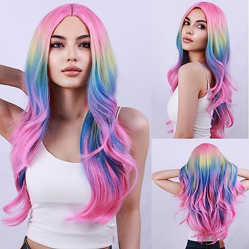 BERON BERON Rainbow Wig Long Wave Wig Colorful Wigs Long Wigs Multi Color Wigs for Women Synthetic Wig for Daily Party Wig Cap Include