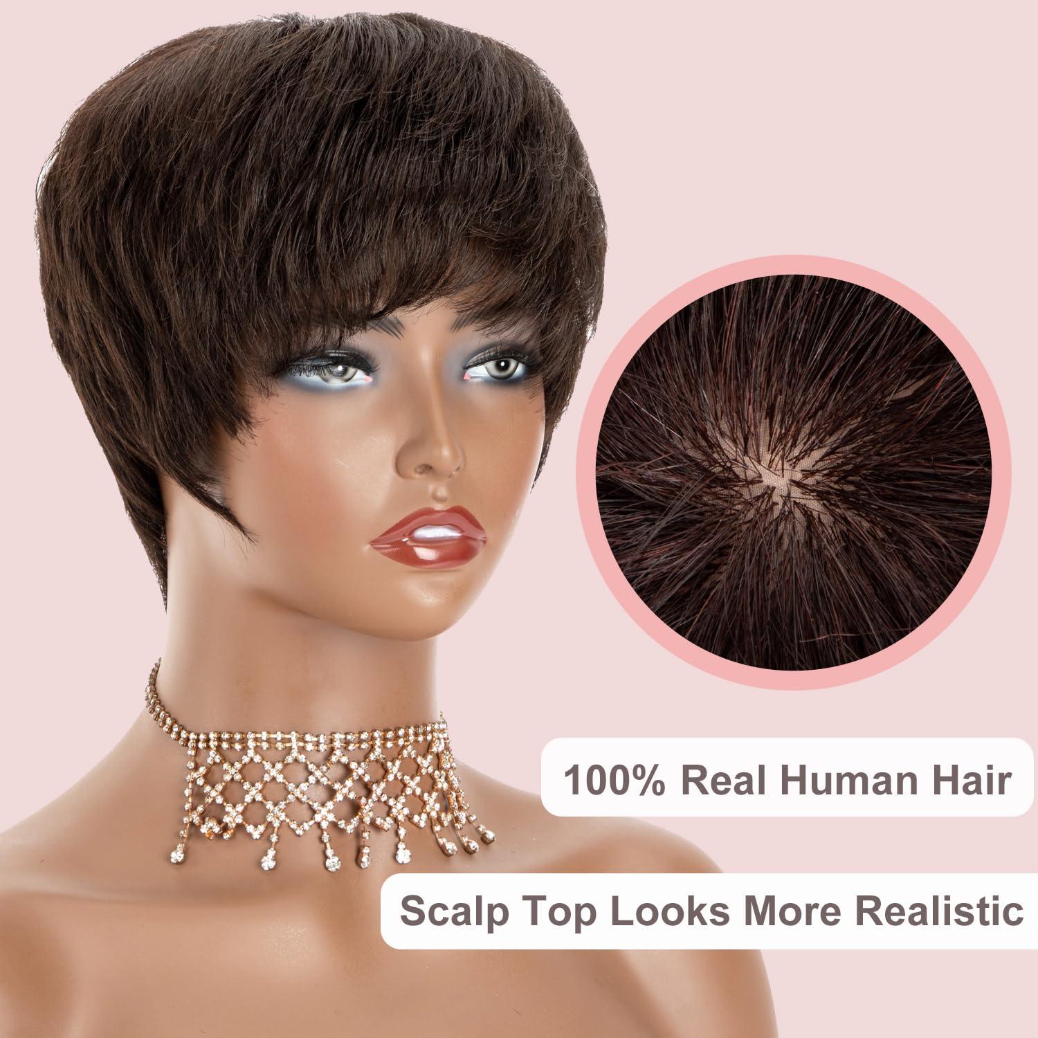 Lovenea Lovenea Human Hair Short Wigs for Black Women Straight Pixie Cut Short Human Hair Wigs with Scalp Top for Black Women Straight Hairstyles Layered Short Wig Pixie With Bangs (Pixie-Natural Black)