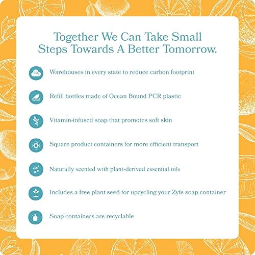 ZYFE ZYFE Eco Friendly Hand Soap Refills Family Pack - Pland Dervied Liquid Handsoap With 5x Vitamins - 2 12oz Pump Dispenser Bottles and 1 64oz Refill - Citrus