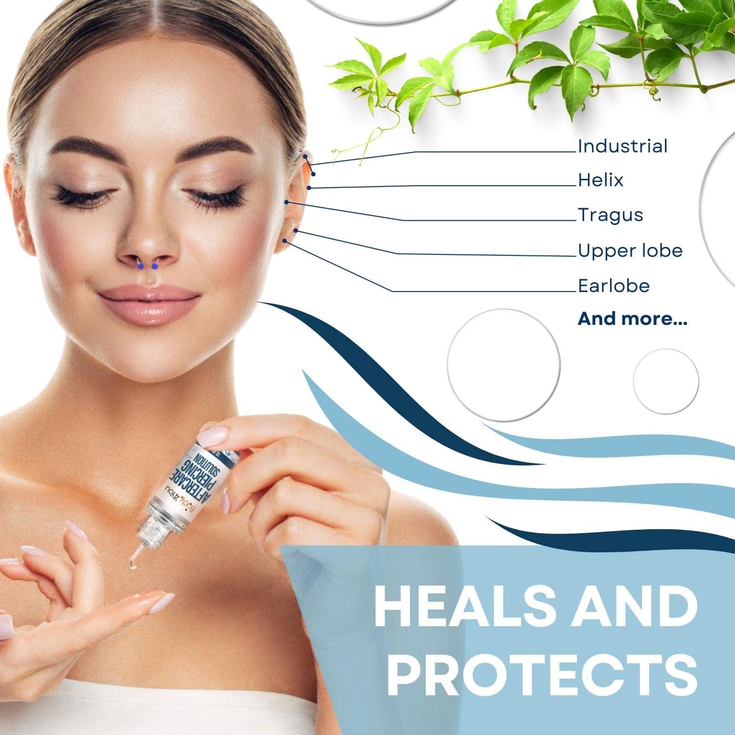 BodyJ4You BodyJ4You Piercing Aftercare Drops - Saline Solution Natural Keloid Bump Removal - Ear Piercing Cleaner Nose Septum Belly Button Cartilage - Tea Tree Oil Sea Salt Aloe Rosemary - 2 x 0.33 Fl Oz