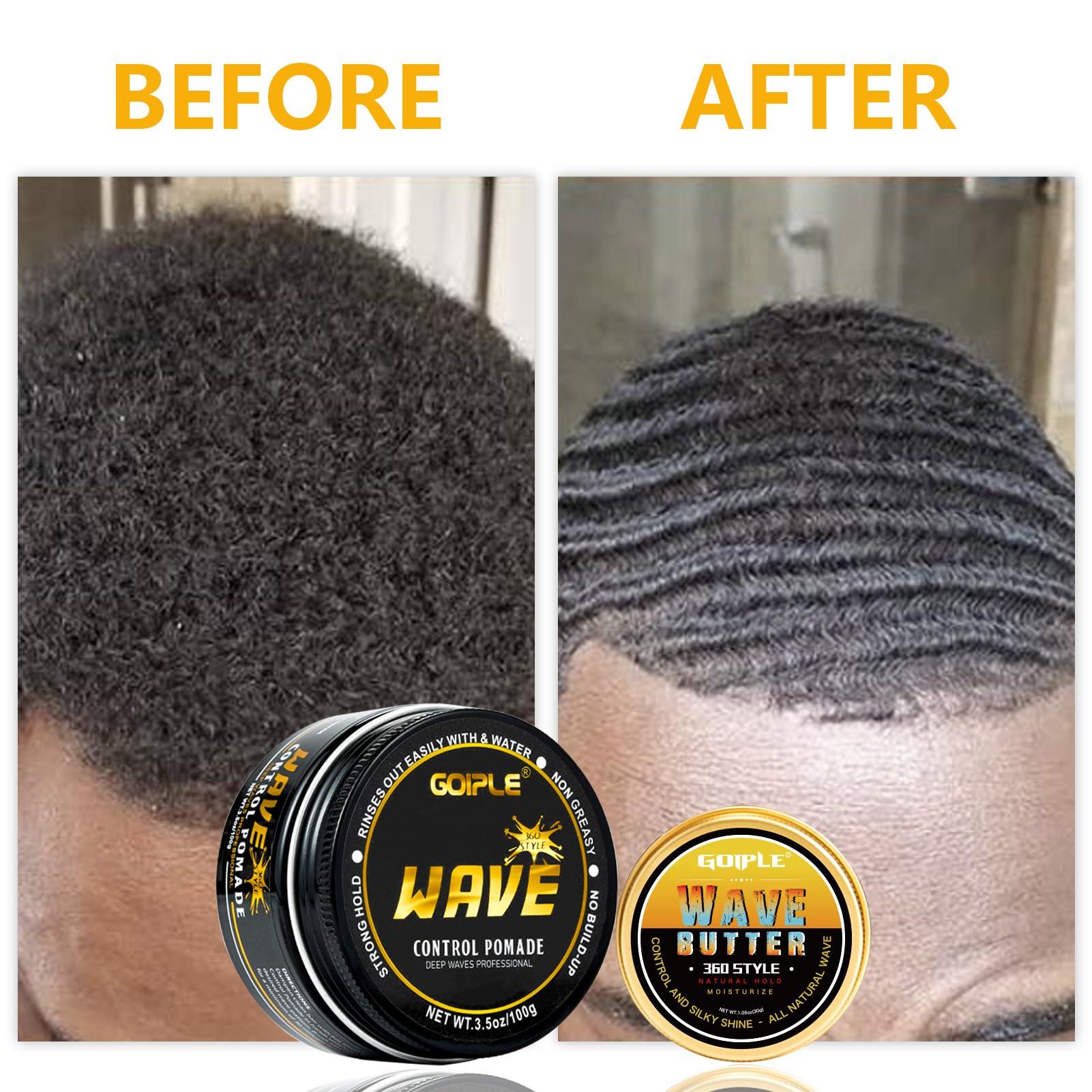 Goiple Wave Pomade for Men Strong Hold Easy Wash 360 Wave Training Hair Cream, Waves Grease for Men Promotes Layered Waves, Moisture, Control and Silky Shine, Wave Kit Curved Medium Waves Brush Silky Durag