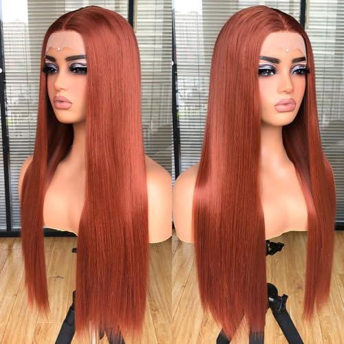 MURAME MURAME 26Inch Lace Front Ginger Wig,Pre-Plucked 13x4x1 Synthetic HD Lace Front Wigs for Women Long Straight Glueless Ready to Wear Wig Orange Ginger Wig
