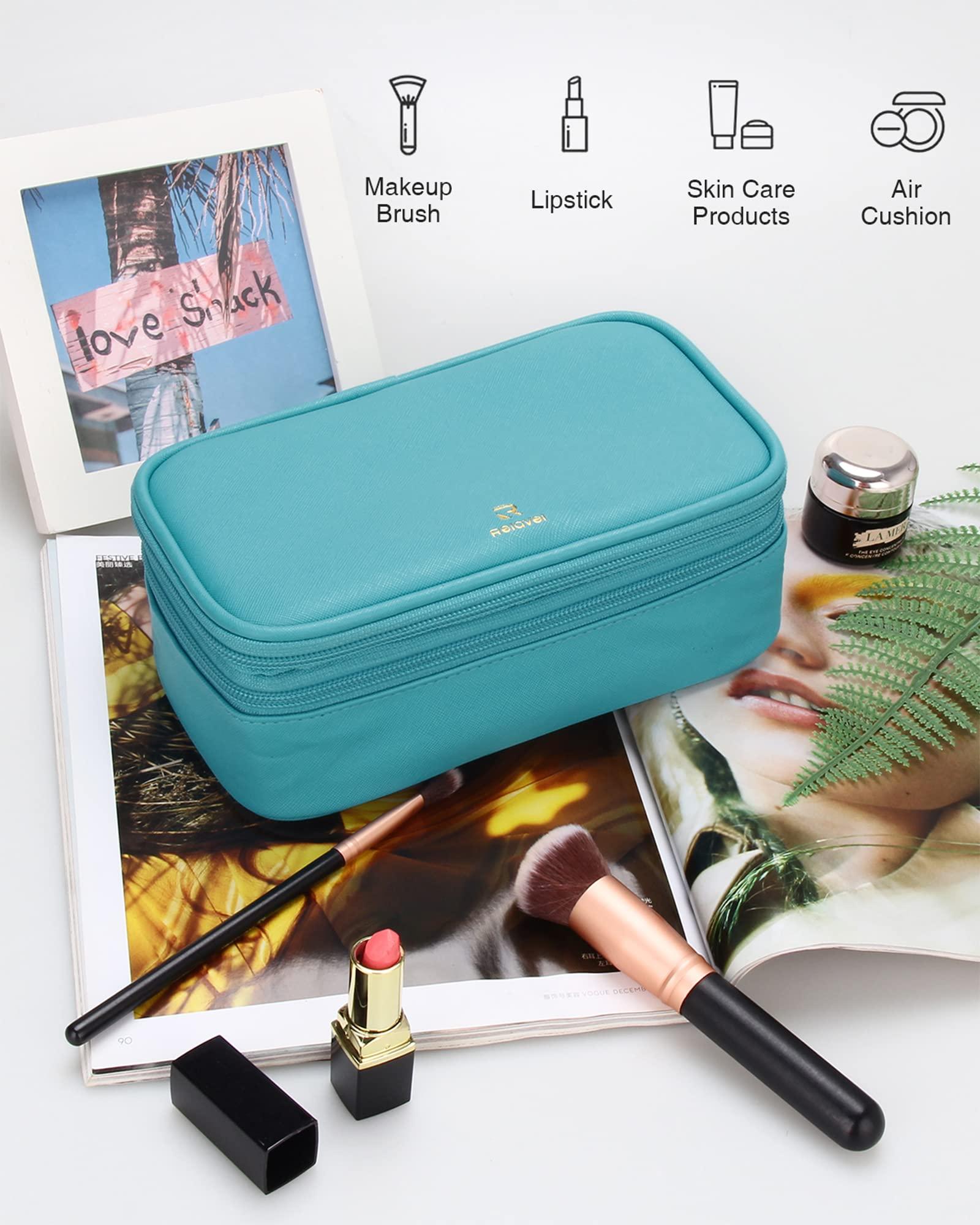 Relavel Relavel Makeup Bag Small Travel Cosmetic Bag for Women Girls Makeup Brushes Bag Portable 2 Layer Cosmetic Case Brush Organizer Christmas (Blue)