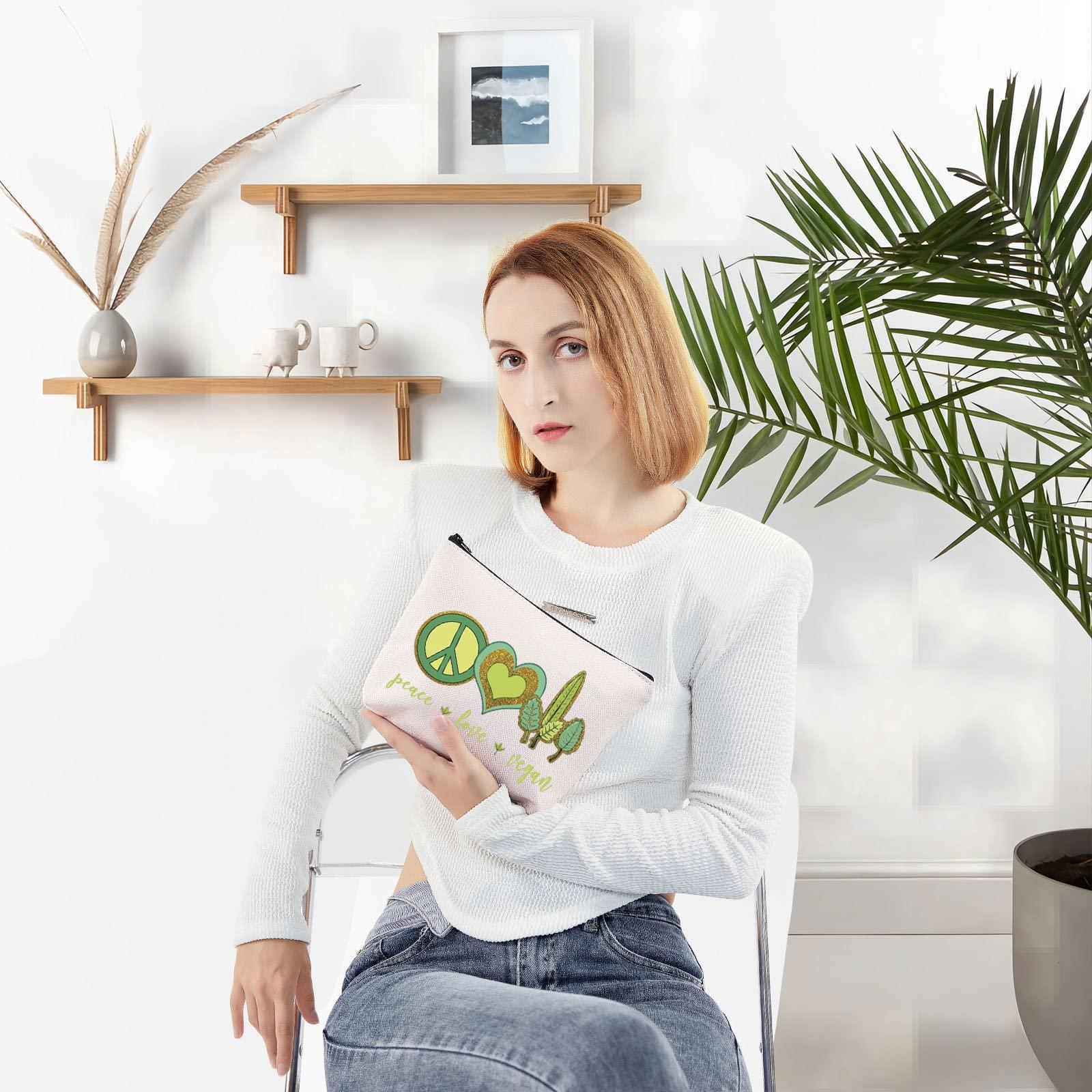 LEVLO LEVLO Funny Vegetarian Cosmetic Bag Vegan Gift Peace Love Vegan Makeup Zipper Pouch Bag Herbivore Veg Symbol Make Up Bag (Peace Love Vegan)