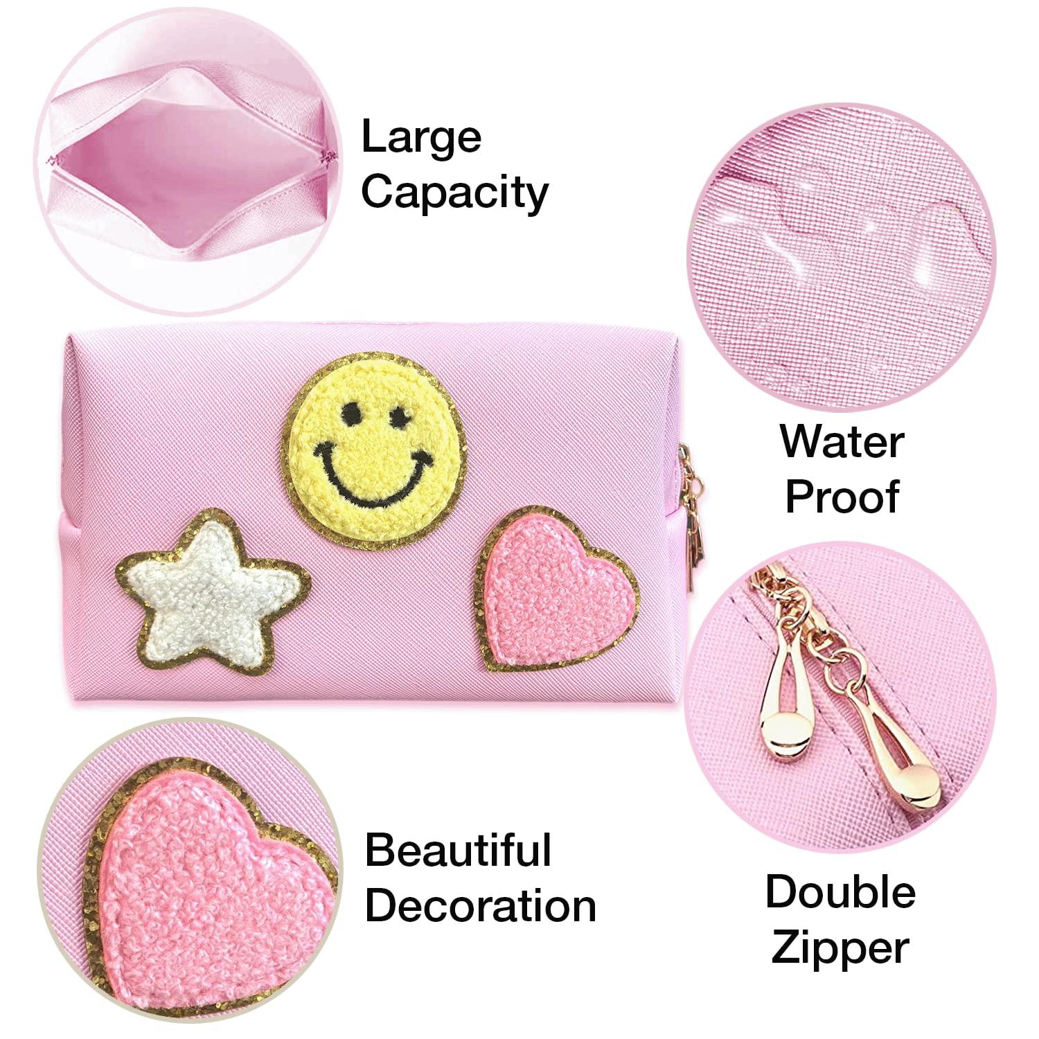 Nylea Nylea Preppy Stuff Patch Makeup Bag, PU Leather Smiley Face Makeup Bag Portable Waterproof Small Pouch, Daily Use Travel Cosmetic Pouch for Women Girls Gift (HOT PINK)