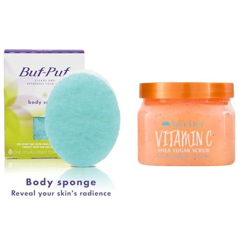 Buf-Puf Buf-Puf Body Sponge, Bath Sponge, Dermatologist Developed, Cleanses Skin of Dirt, and Excess Oil & Tree Hut Vitamin C Shea Sugar Scrub, 18 oz
