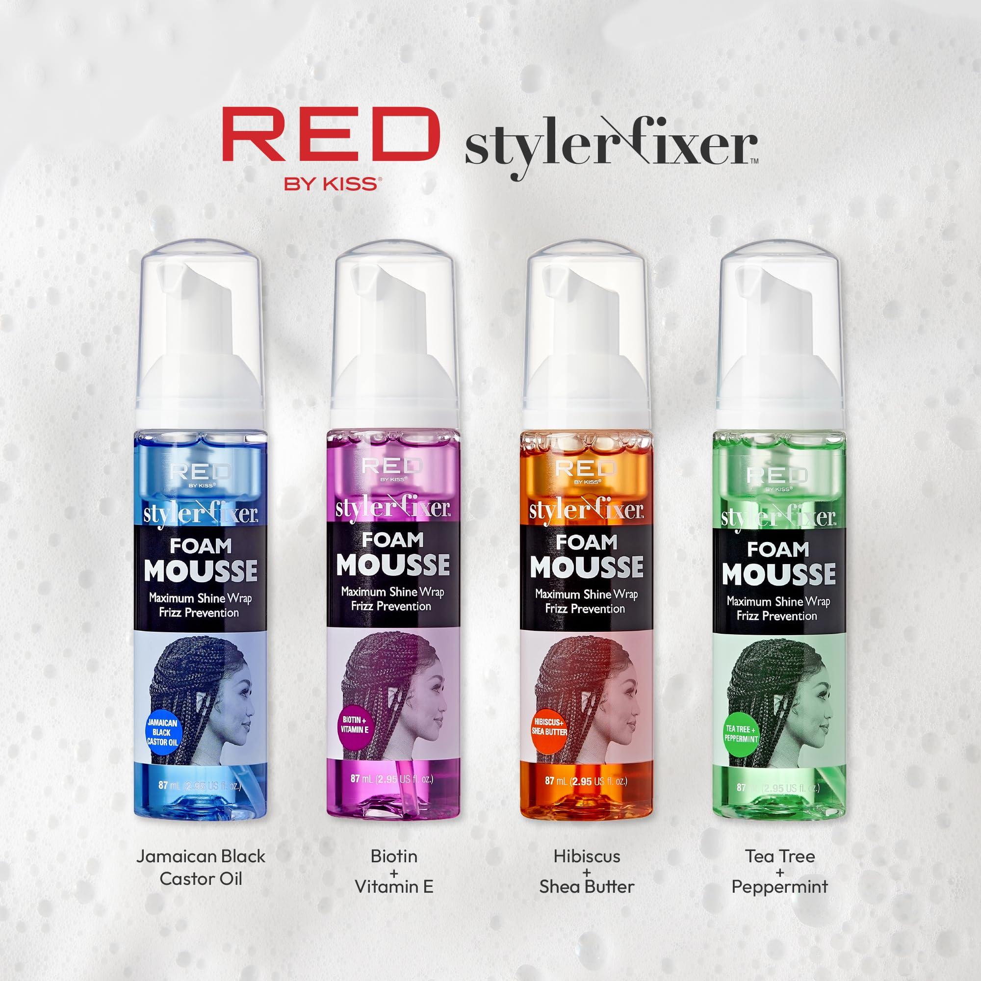 Red by Kiss Red by Kiss Foaming Mini Travel Size Mousse, Maximum Shine Wrap Mousse, Reduce & Prevent Frizz, Define Curls, Hold Styles, Nourishes Dry & Crips Hair (Tea Tree + Peppermint)