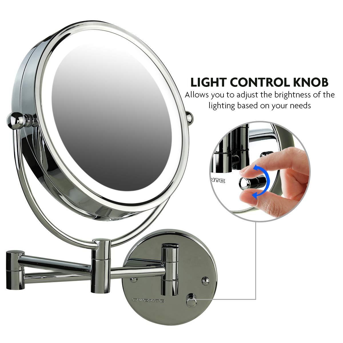 OVENTE OVENTE 9\" Lighted Wall Mount Makeup Mirror with 1X/7X Magnification, Double Sided Magnifying Vanity Mirror, LED Glow Light, 360 Swivel Design, Extendable & Folding Arm, Polished Chrome MPWD3185CH1X7X