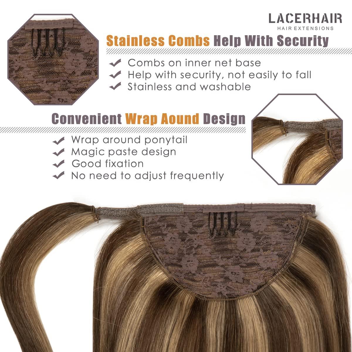 Lacer Lacer Real Hair Ponytail Extension Ombre Chocolate Brown to Caramel Blonde Pony Tails Extensions Human Hair Long Straight Wrap Around Human Hair Ponytails for Women Hair Piece 22 Inch 90g