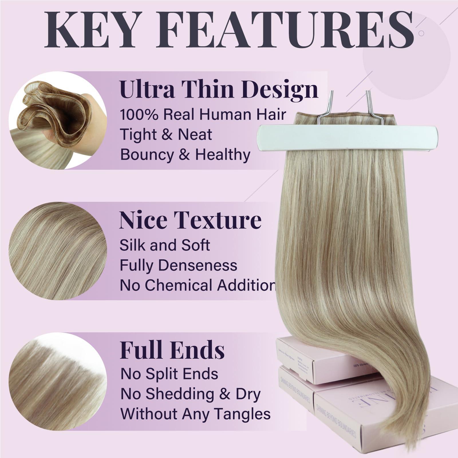 Fshine Fshine Hand Tied Genius Weft 14 Inch 50g Ash Blonde Highlighted Bleach Blonde Sew in Hair Extensions Remy Human Hair Weave Real Human Hair for Women Highlight Hair Genius Weft Natural Hair