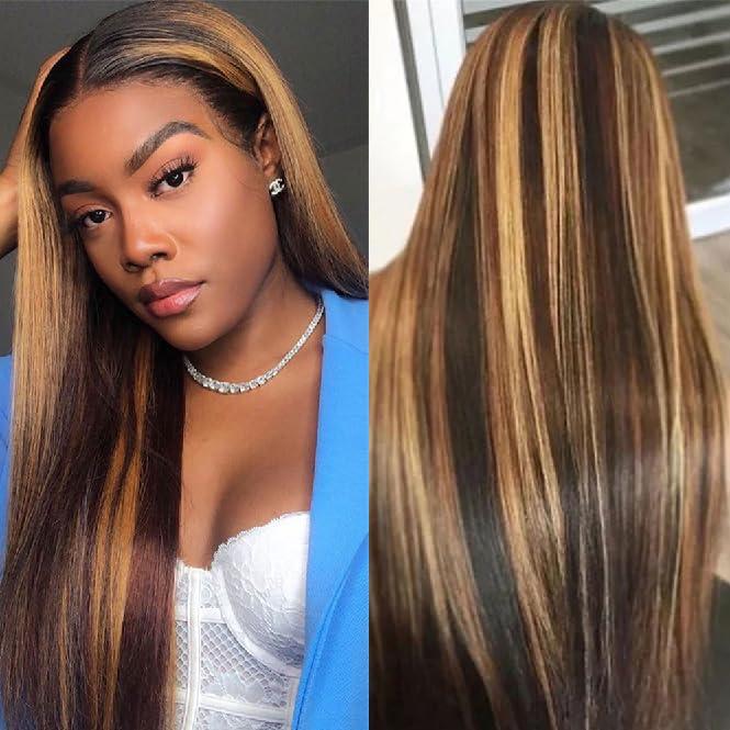 Nobel Hair Ombre Color Full Lace Wigs Human Hair Straight Highlight Pre Plucked Hairline Bleached Knots 4/27 Human Hair Wigs Colored 200% Density 14Inch