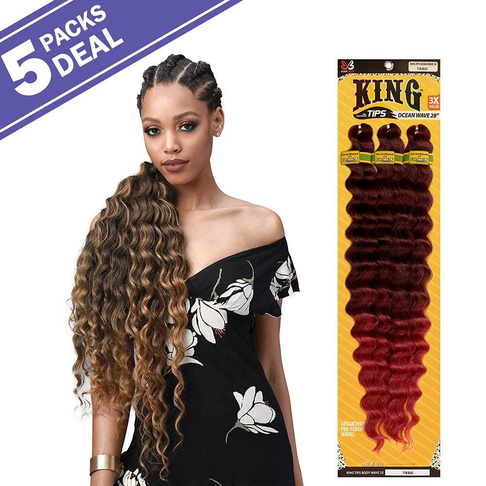 BOBBI BOSS Multi Pack Deals Bobbi Boss Synthetic Hair Braids Pre-Feathered 3X King Tips Ocean Wave 28" (5-Pack, ICYPINK)