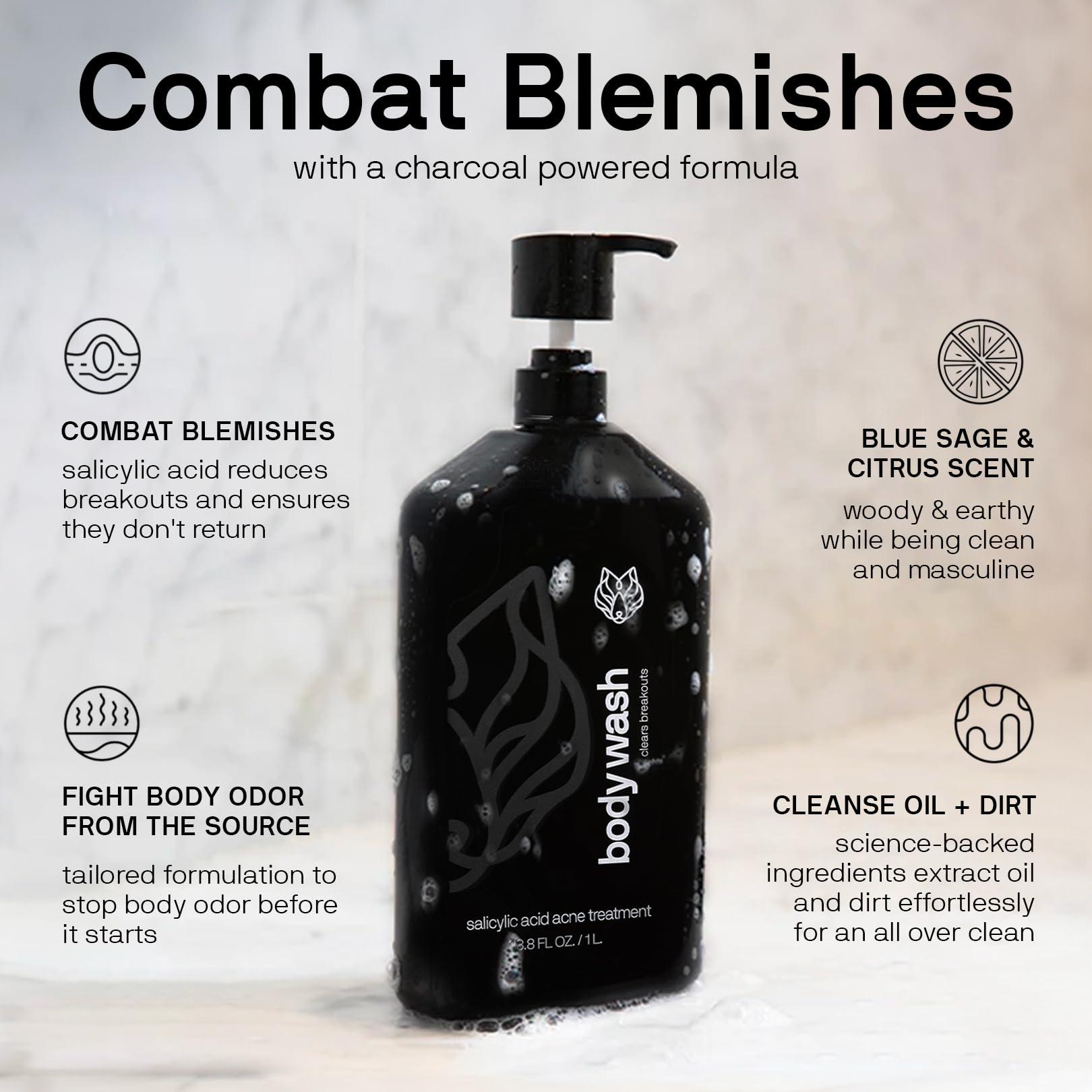 Black Wolf Black Wolf Charcoal Powder Body Wash for Men & Charcoal Powder Face Wash Facial Cleanser Bundle