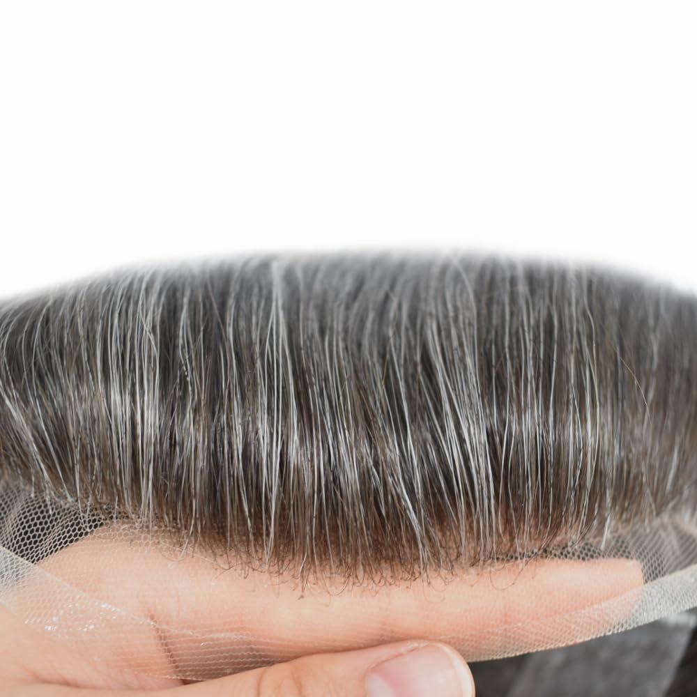 Hair Wonders Hair Wonders Hair System For Men Swiss Lace Men Toupee Hair Piece For Men Lace Front Toupee For Men Real Human Hair Mens Hair Replacement System 7x9-90% light density#240 2# DARKEST BROWN+40% GREY