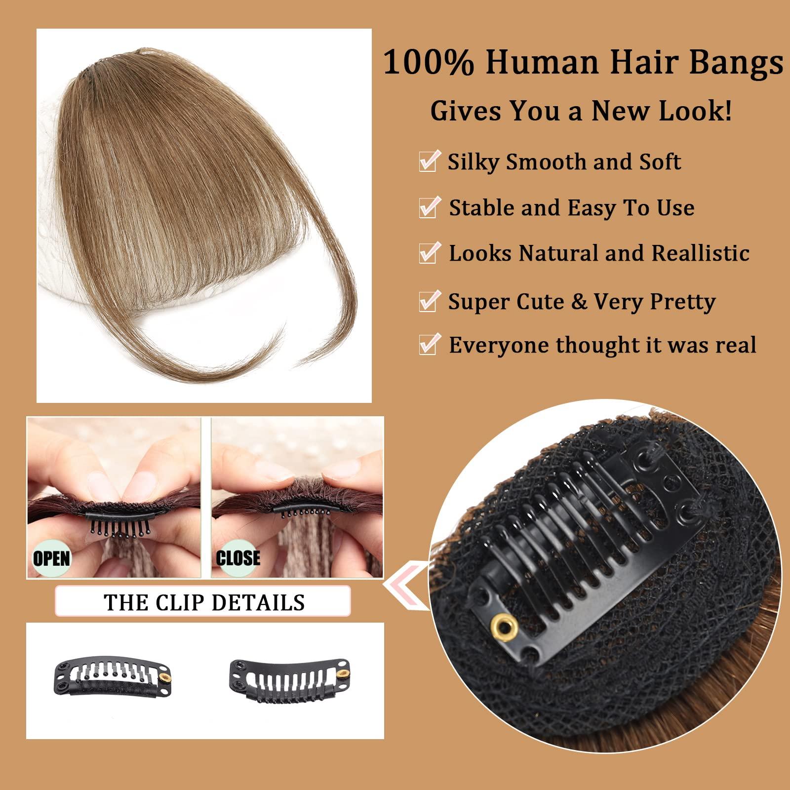 Berracy Berracy Bangs Hair Clip in Bangs 100% Real Human Hair Extensions Fake Thin French Bangs Fringe with Temples Curtain Flat Neat Front Thick Hairpieces for Women Kids Daily Wear Medium Brown