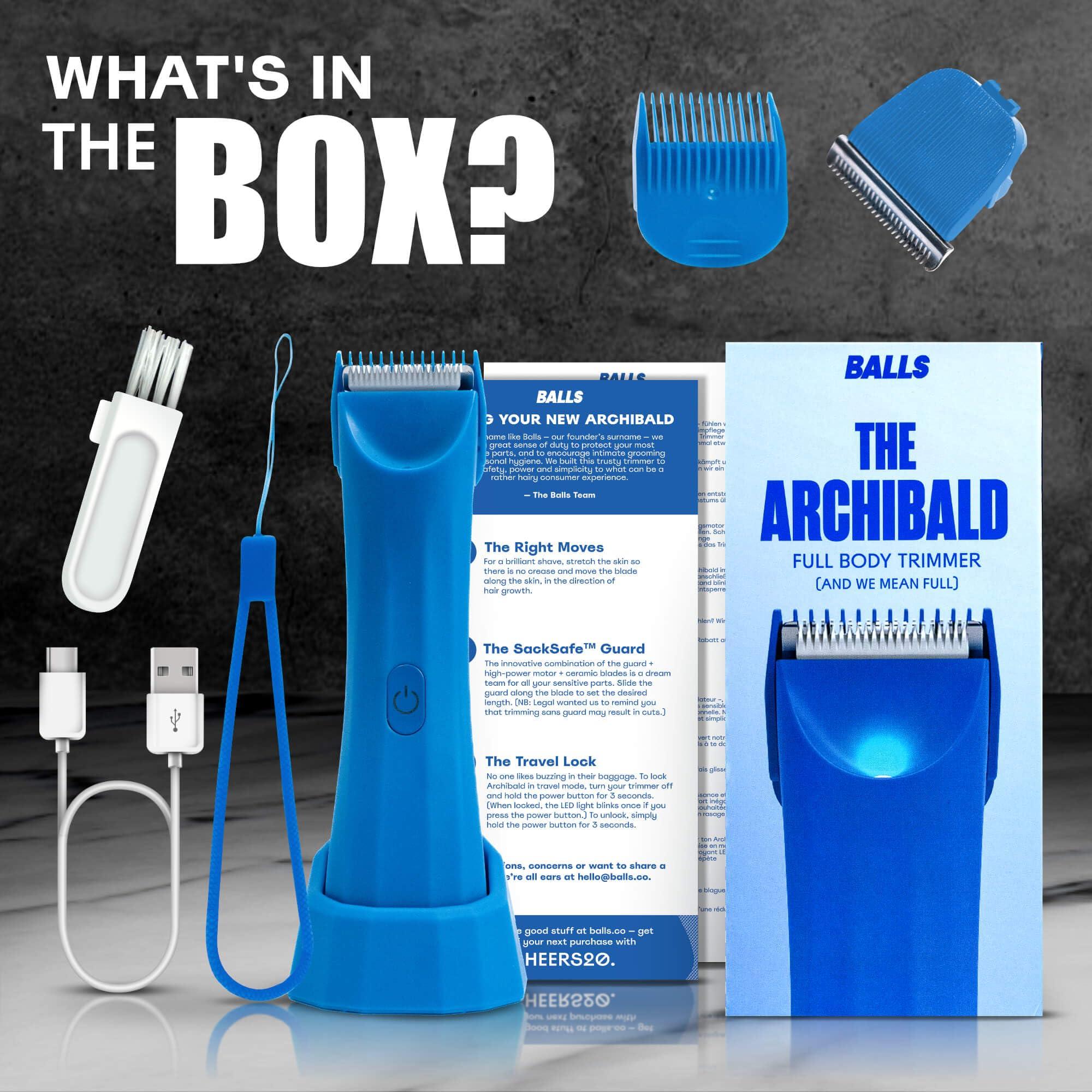 BALLS BALLS V3 The Archibald - Body & Pubic Hair Trimmer for Men - No Cuts, Sacksafe Guard, 100% Waterproof, Cordless - Wet/Dry with Replaceable Ceramic Blades Archibald Trimmer