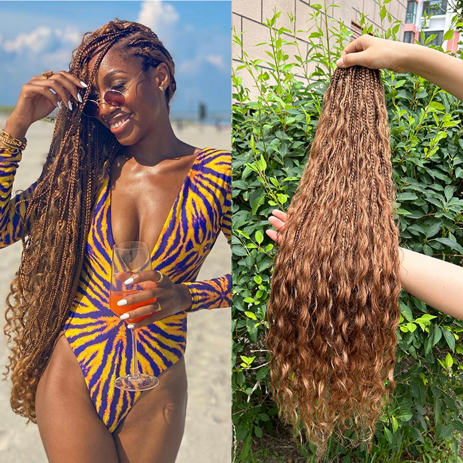 CHARMING YOU Color 30 Honey Brown Pre Looped Boho Box Crochet Braids Human Hair Curls Ends Goddess Knotless Braids Hair Extensions Bundles Loose Deep Wave for Women #30 18Inch 80 Strands