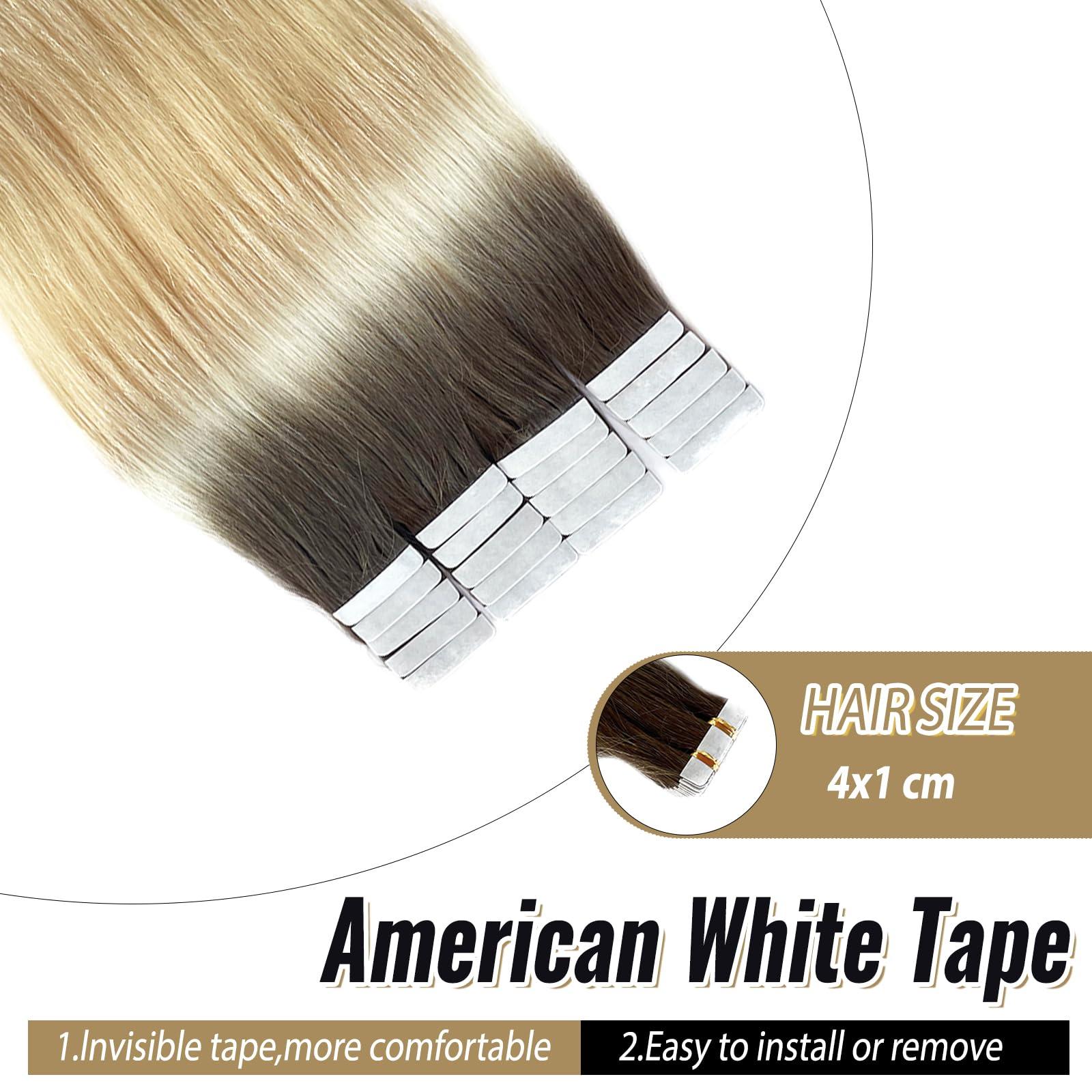 Munx Tape Ins Human Hair Extensions 22inch Omber Flax Brown to Platinum Blonde Silky Straight Brazilian Double Sided Tape in Extensions Human Hair Tape in Extensions