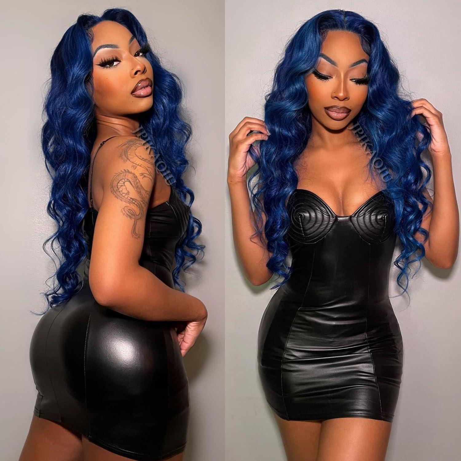 JPIKAQIU JPIKAQIU 24 Inch Dark Blue Wig Blue Lace Front Wig Pre Plucked Long Body Wave 13x3 HD Lace Wig Glueless Navy Blue Colored Synthetic Lace Front Wigs For Fashion Women