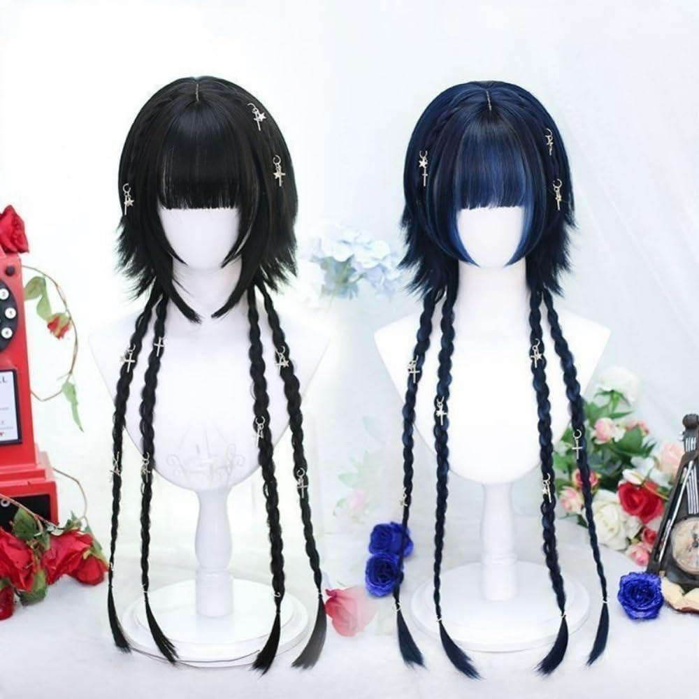 SCORRO SCORRO Hime Cut Long Straight Black and Blue Layered Hair Lolita Bob Wig, Highlight Blue Pre-styled Jellyfish Hair Wig for Women Girls (Braided Styling, Blue Highlights)