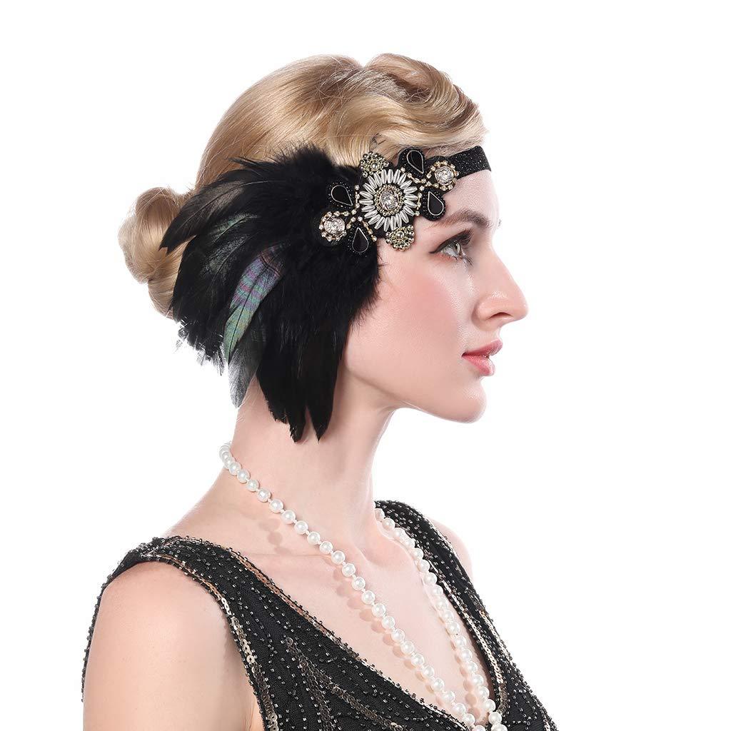 Aimimier Aimimier 1920s Flapper Feather Headband Black Beaded Crystal Headpiece with Elastic Band Costume Hair Accessories for Women