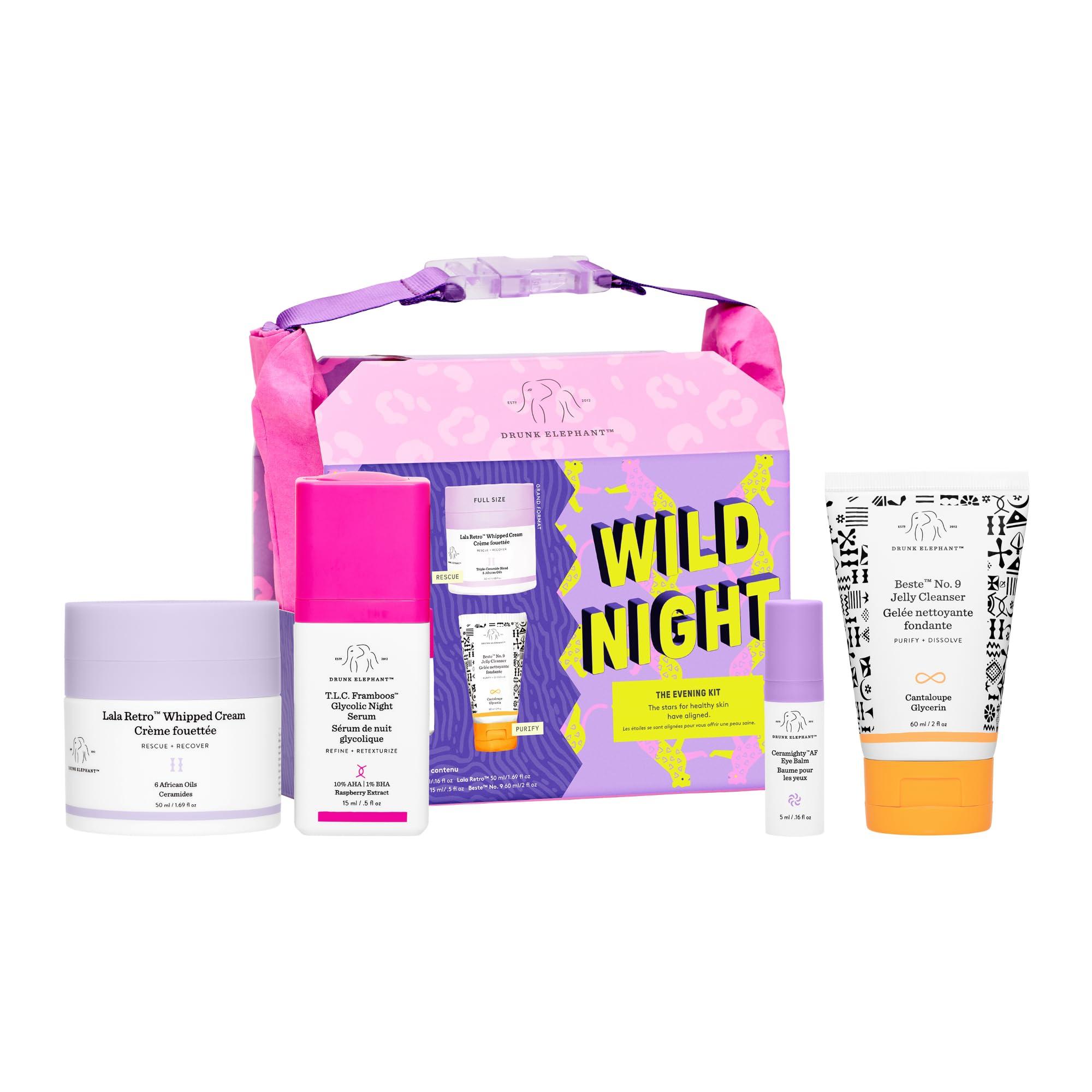 Drunk Elephant Drunk Elephant Wild Night: The Evening Kit: includes Lala Retro Whipped Cream, T.L.C. Framboos Glycolic Night Serum, Ceramighty AF Eye Balm, and Beste No. 9 Jelly Cleanser