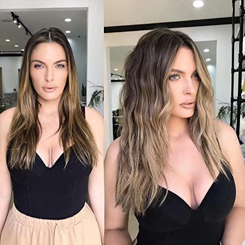 affordhair Affordhair Dark Brown to Chestnut Brown Balayage Hair Extensions Clip in, Remy Clip In Hair Extensions Real Human Hair with Blonde Highlights, 20 Inch, 7pcs, 110g