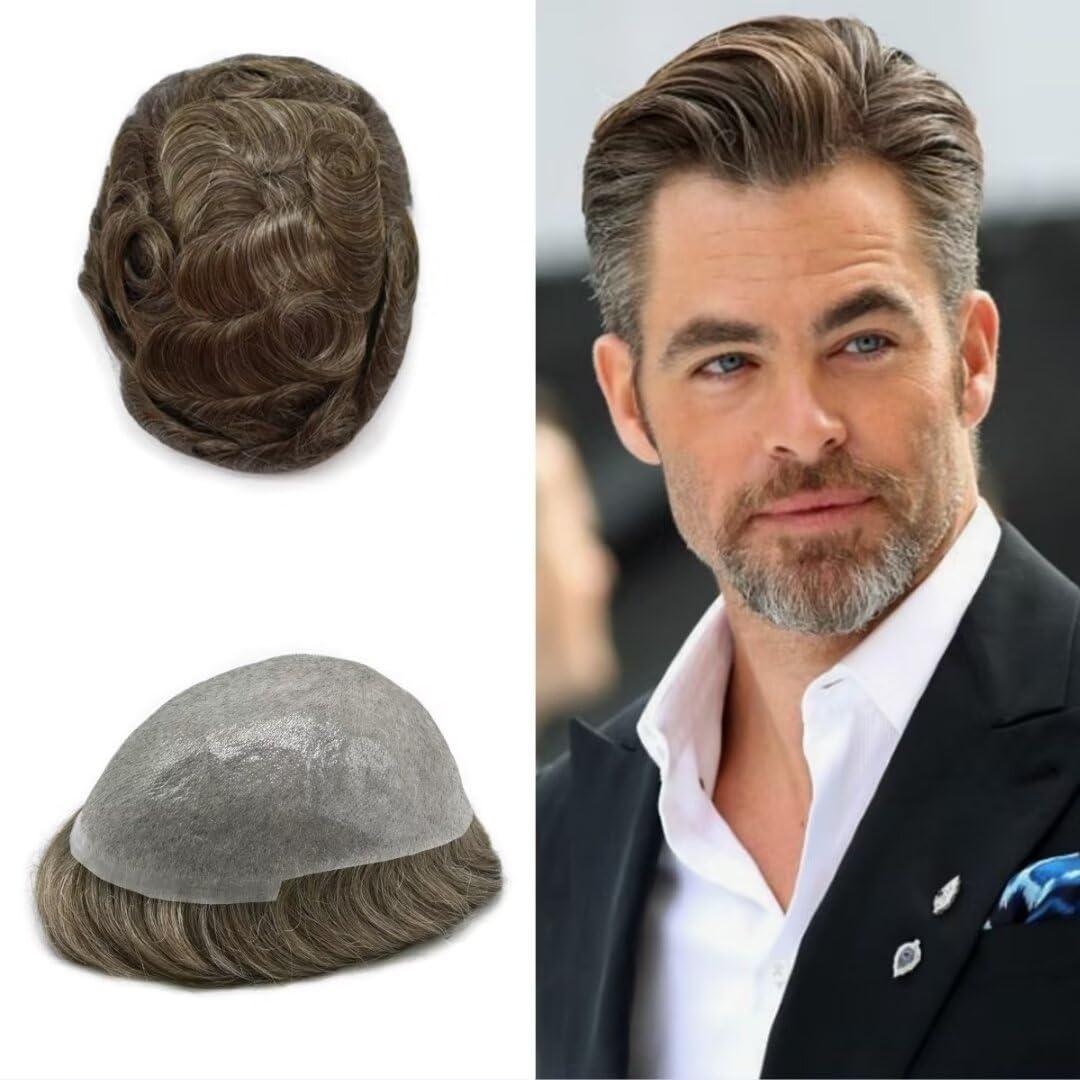 SINGA HAIR Toupee for Men Ultra Thin Skin Mens Hair System Soft Human Hair piece 0.04mm Invisible Mens Toupee All V-loop Skin PU Men Hair Unit Mens Hair Replacement6X8\"-100%density#540 Medium Light Brown+40%Gray